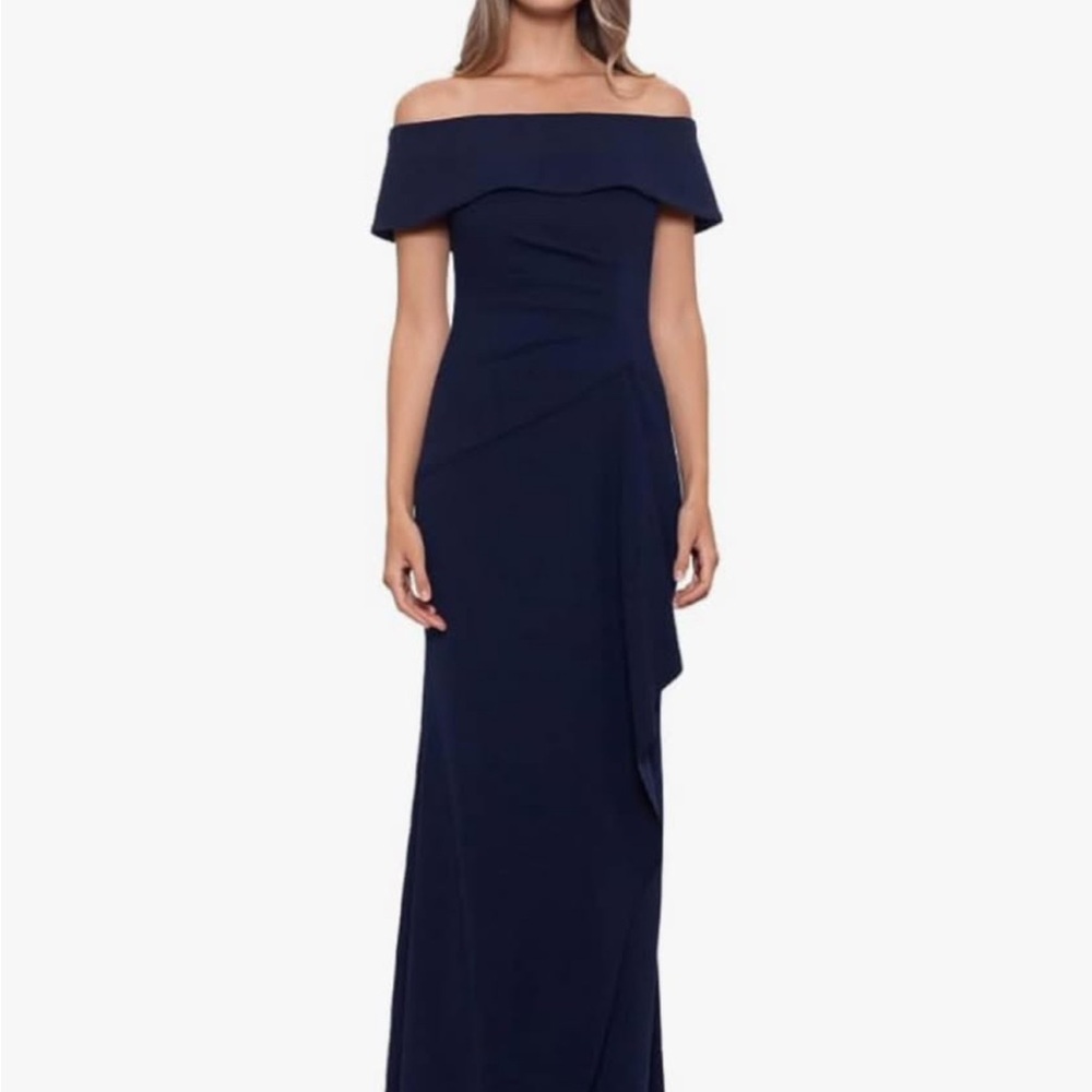 Xscape Off-the-Shoulder Navy Strapless Evening Gown